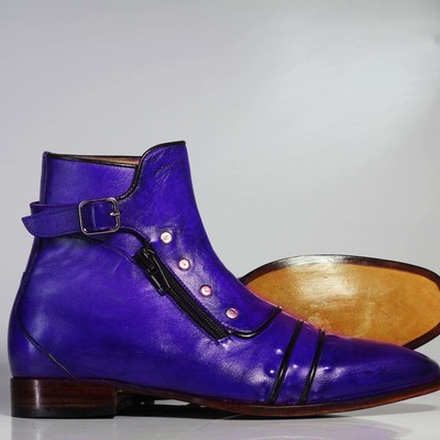 Handmade men's ankle high purple cap toe buckle with side zip style leather boots - Thumbnail 3