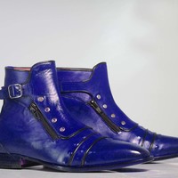 Handmade Men's Ankle High Purple Cap Toe Buckle With Side Zip Style Leather Boots - Thumbnail 1