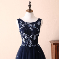 Dark blue tulle lace long prom dress evening dress - Thumbnail 1