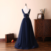 Dark blue tulle lace long prom dress evening dress - Thumbnail 2