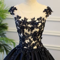 Dark blue satin lace long prom gown formal dress - Thumbnail 2