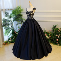 Dark blue satin lace long prom gown formal dress - Thumbnail 1