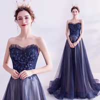 Blue tulle lace long prom dress evening dress - Thumbnail 3