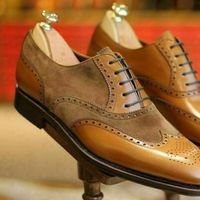 Men's Handmade Brown Tan Leather & Suede Wing Tip Brogue Lace Up Dress Shoes - Thumbnail 1