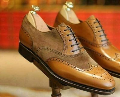 Men's Handmade Brown Tan Leather & Suede Wing Tip Brogue Lace Up Dress Shoes