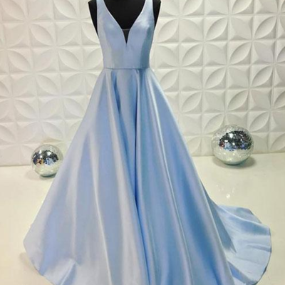 Deep v-neck light blue a-line prom dress,sleeveless formal dress - Thumbnail 4