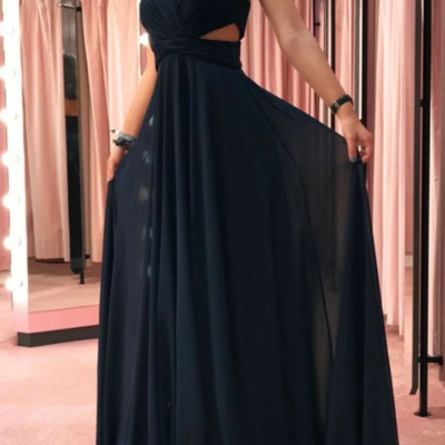 A line navy blue v neck long chiffon prom dress - Thumbnail 4