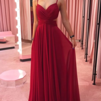 A line Navy Blue V Neck Long Chiffon Prom Dress - Thumbnail 1