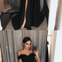 Simple Off Shoulder Black satin long prom dress, sexy evening dress - Thumbnail 1