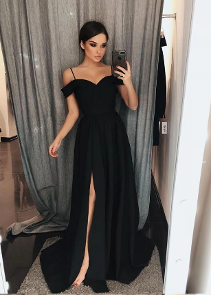 Simple Off Shoulder Black satin long prom dress, sexy evening dress