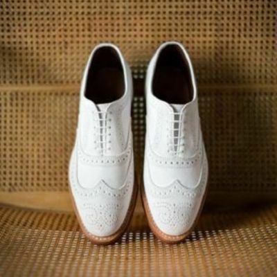 Handmade men's oxford white leather with brogue toe dress formal shoes lace up