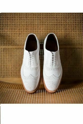 Handmade Men's Oxford White Leather With Brogue Toe Dress Formal Shoes lace up