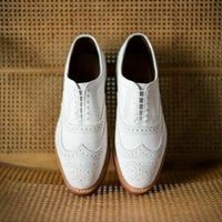 Handmade Men's Oxford White Leather With Brogue Toe Dress Formal Shoes lace up - Thumbnail 1
