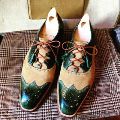Handmade men’s leather suede wing tip brogue shoes men green beige lace up style