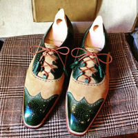 Handmade Men’s Leather Suede Wing Tip Brogue Shoes Men Green Beige Lace Up Style - Thumbnail 1
