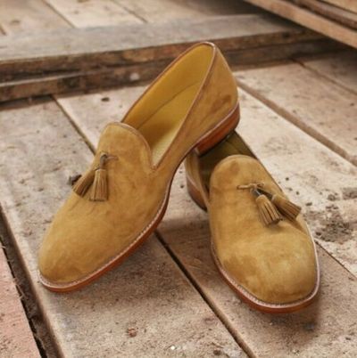 Handmade men tan formal shoes, suede moccasin shoes for men, dress leather shoes