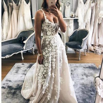 Luxury wedding dress sexy scoop 3d flowers champagne wedding bridal gowns