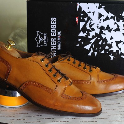Handmade tan wing tip lace up leather shoes for men's - Thumbnail 3