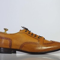 Handmade Tan Wing Tip Lace Up Leather Shoes For Men's - Thumbnail 2