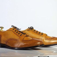 Handmade Tan Wing Tip Lace Up Leather Shoes For Men's - Thumbnail 3