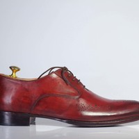 Handmade Burgundy Brogue Toe Lace Up Leather Shoes For Men's - Thumbnail 2