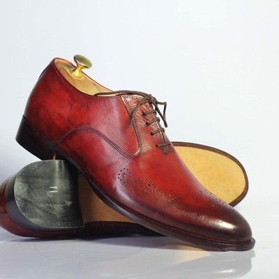 Handmade burgundy brogue toe lace up leather shoes for men's - Thumbnail 3
