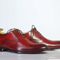 Handmade Burgundy Brogue Toe Lace Up Leather Shoes For Men's - Thumbnail 1