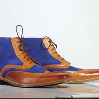 Handmade Men's Ankle High Blue Brown Wing Tip Lace Up Leather Suede Boots - Thumbnail 3