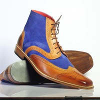Handmade Men's Ankle High Blue Brown Wing Tip Lace Up Leather Suede Boots - Thumbnail 1