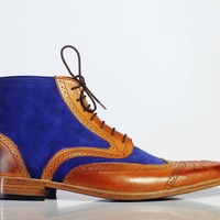 Handmade Men's Ankle High Blue Brown Wing Tip Lace Up Leather Suede Boots - Thumbnail 2
