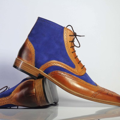 Handmade men's ankle high blue brown wing tip lace up leather suede boots - Thumbnail 3