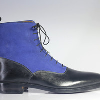 Handmade Men's Ankle High Blue Black Lace Up Leather Suede Boots - Thumbnail 3