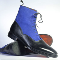 Handmade Men's Ankle High Blue Black Lace Up Leather Suede Boots - Thumbnail 1