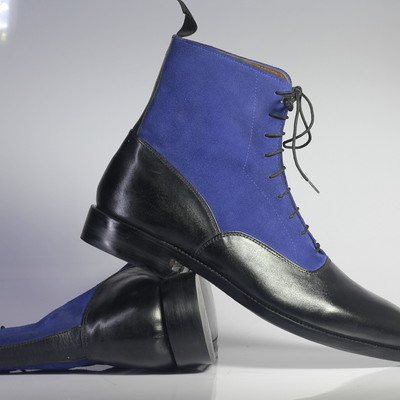 Handmade men's ankle high blue black lace up leather suede boots - Thumbnail 2