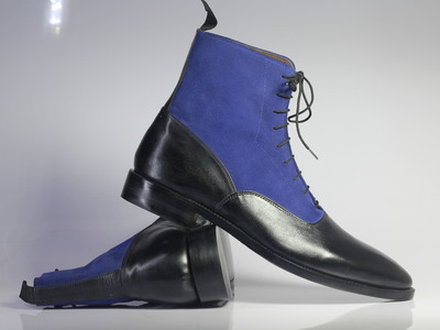 Handmade Men's Ankle High Blue Black Lace Up Leather Suede Boots