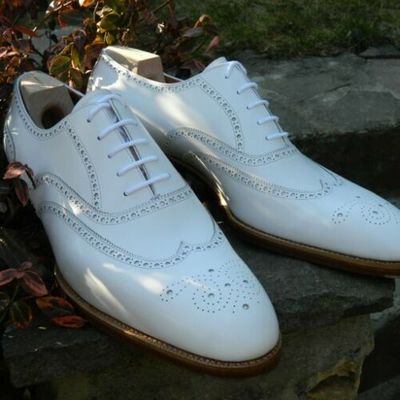 Handmade men white wingtip brogue shoes, men brogue formal shoes men white shoes