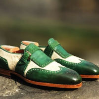 Genuine Leather Vintage Green White Wing Tip Monk Handcrafted Party Wear Shoes - Thumbnail 4