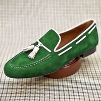 Rounded Apron Toe Green Suede Leather White Tassel Loafer Slip On Stylish Shoes - Thumbnail 3