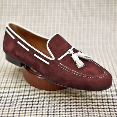 Rounded Apron Toe Maroon Suede Leather White Tassel Loafer Slip On Stylish Shoes