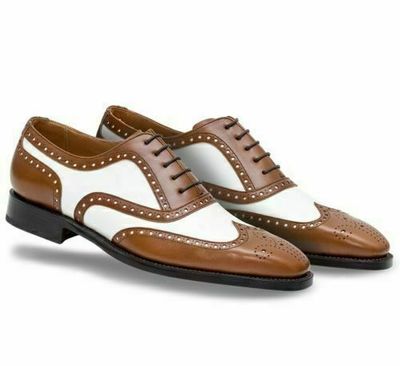 Two Tone Brown White Contrast Wing Tip Full Brogue Toe Oxford Real Leather Shoes