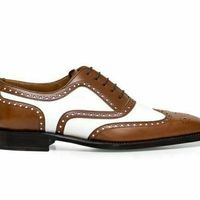 Two Tone Brown White Contrast Wing Tip Full Brogue Toe Oxford Real Leather Shoes - Thumbnail 1
