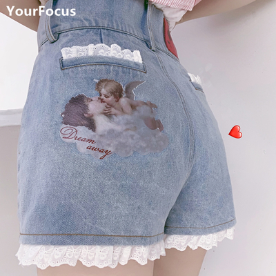 Retro style kawaii lolita denimshorts with lace - Thumbnail 2
