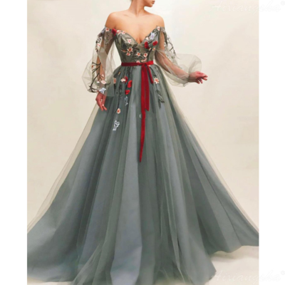 Grey Long Sleeve Flower Embroidery Tulle Evening Dress