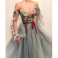 Grey Long Sleeve Flower Embroidery Tulle Evening Dress - Thumbnail 1