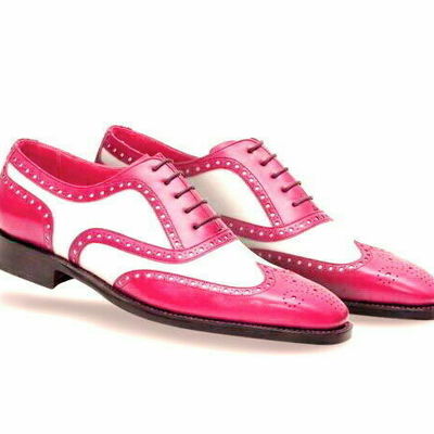 Two tone pink white contrast wing tip full brogue toe oxford real leather shoes