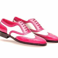 Two Tone Pink White Contrast Wing Tip Full Brogue Toe Oxford Real Leather Shoes - Thumbnail 4