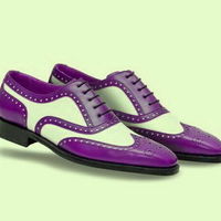 Two Tone Purple White Contrast Wing Tip Full Brogue Toe Oxford Real Leather Shoes - Thumbnail 1