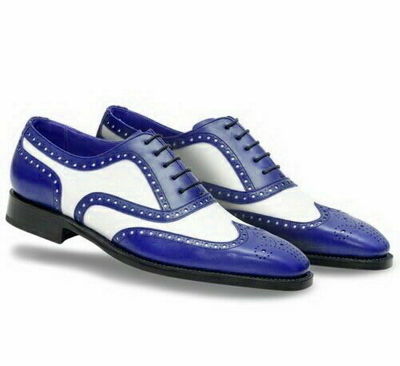 Two Tone Blue White Contrast Wing Tip Full Brogue Toe Oxford Real Leather Shoes