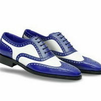 Two Tone Blue White Contrast Wing Tip Full Brogue Toe Oxford Real Leather Shoes - Thumbnail 4