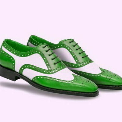 Two tone green white contrast wing tip full brogue toe oxford real leather shoes